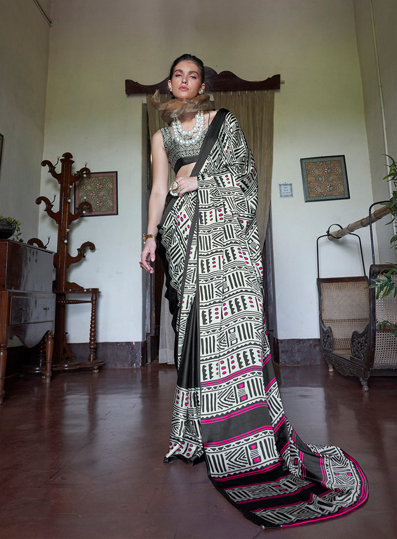 Monjolika Fashion Satin Printed Multicolor Casual Saree