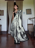 Monjolika Fashion Satin Printed Black And White Casual Saree - Distacart