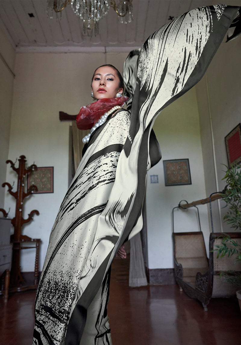 Monjolika Fashion Satin Printed Black And White Casual Saree - Distacart
