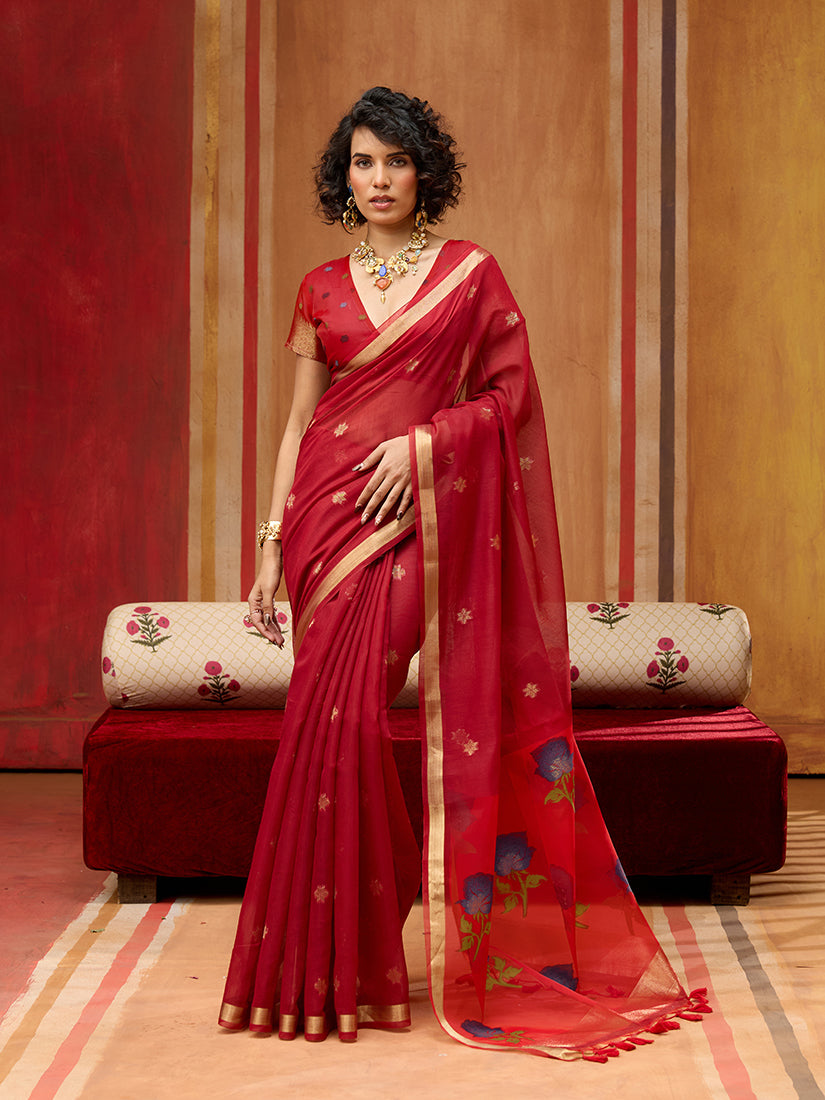 Monjolika Fashion Red Handloom Cotton Blend Weaving Classic Saree - Distacart