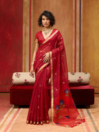 Monjolika Fashion Red Handloom Cotton Blend Weaving Classic Saree - Distacart