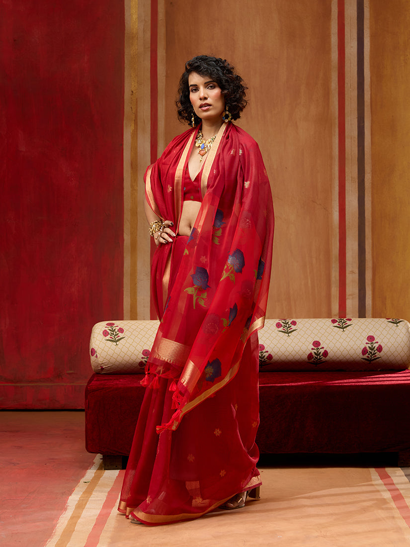 Monjolika Fashion Red Handloom Cotton Blend Weaving Classic Saree - Distacart