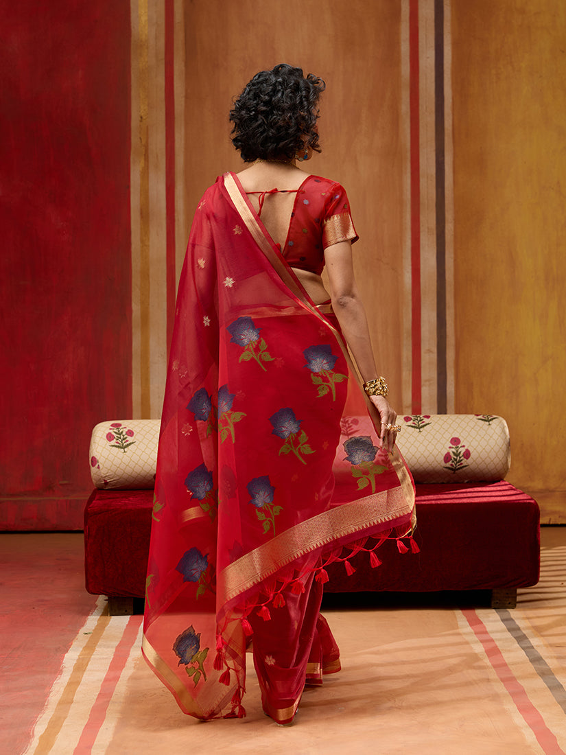 Monjolika Fashion Red Handloom Cotton Blend Weaving Classic Saree - Distacart