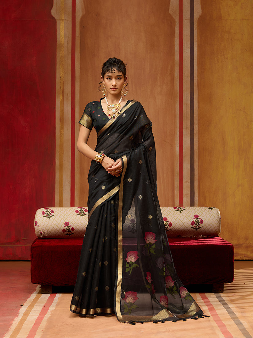 Monjolika Fashion Black Handloom Cotton Blend Weaving Classic Saree - Distacart