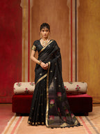 Monjolika Fashion Black Handloom Cotton Blend Weaving Classic Saree - Distacart