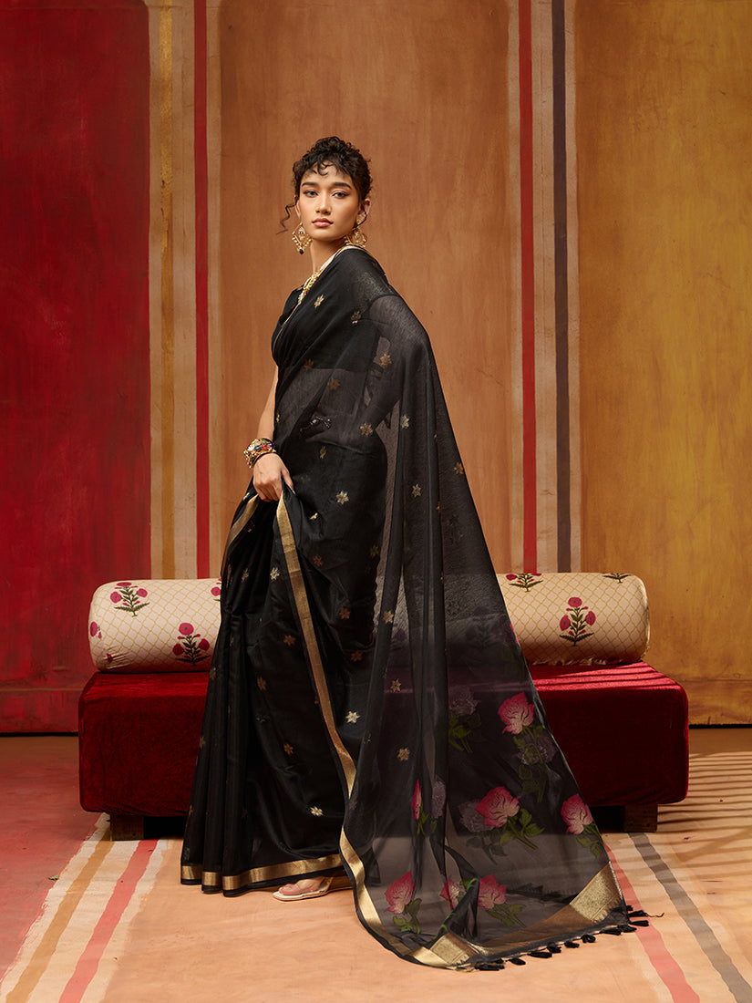 Monjolika Fashion Black Handloom Cotton Blend Weaving Classic Saree - Distacart