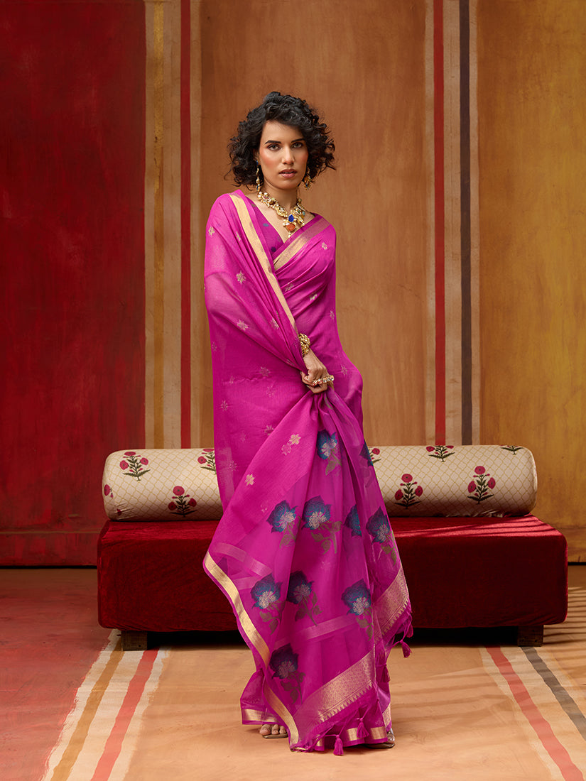 Monjolika Fashion Magenta Handloom Cotton Blend Weaving Classic Saree - Distacart