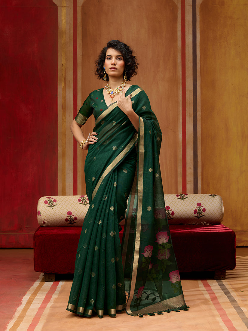 Monjolika Fashion Dark Green Handloom Cotton Blend Weaving Classic Saree - Distacart