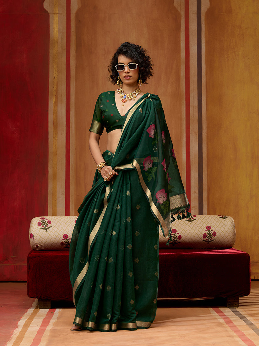 Monjolika Fashion Dark Green Handloom Cotton Blend Weaving Classic Saree - Distacart