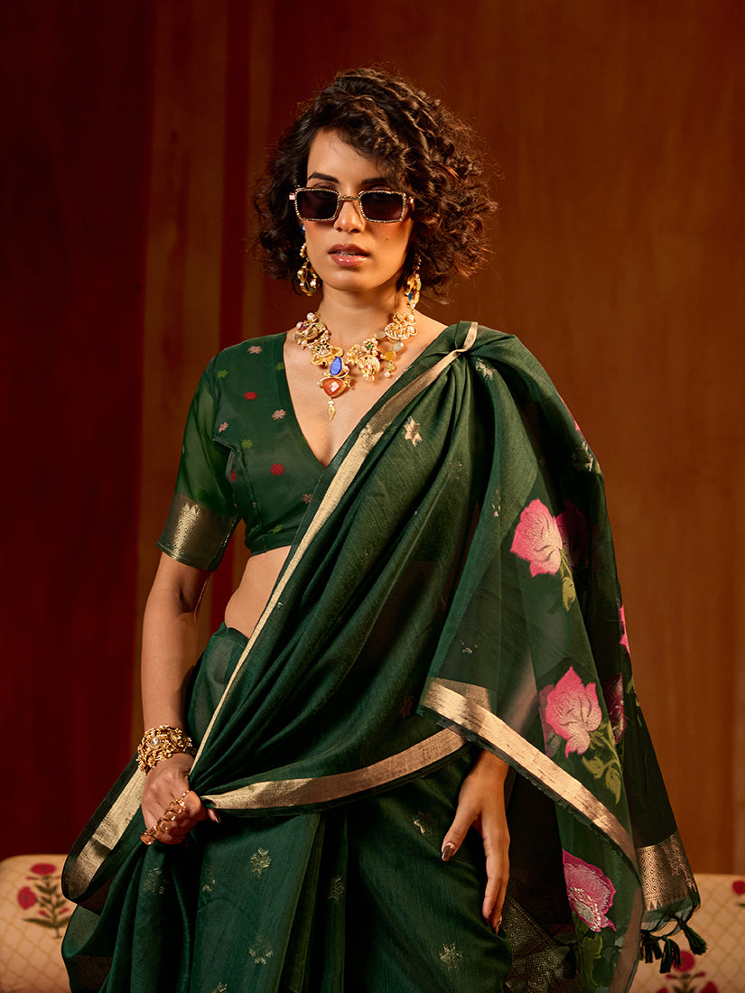 Monjolika Fashion Dark Green Handloom Cotton Blend Weaving Classic Saree - Distacart