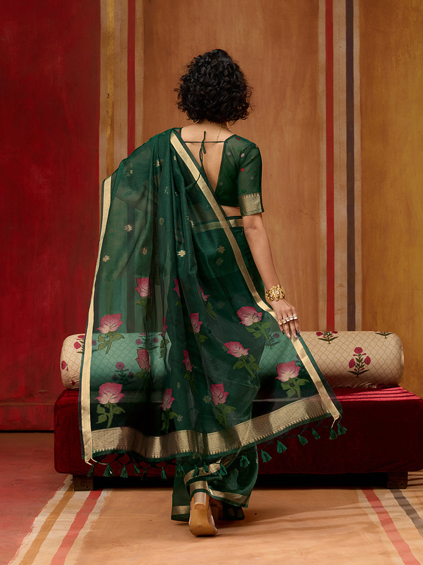 Monjolika Fashion Dark Green Handloom Cotton Blend Weaving Classic Saree - Distacart