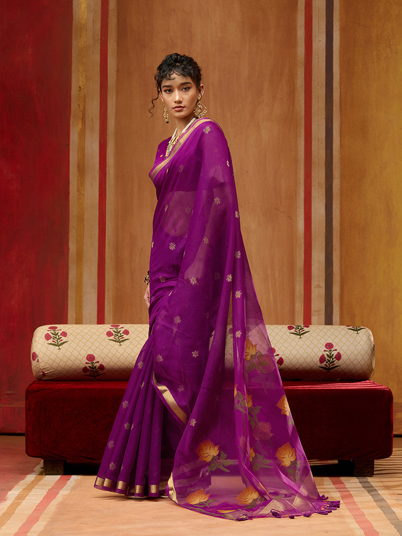 Monjolika Fashion Purple Handloom Cotton Blend Weaving Classic Saree - Distacart