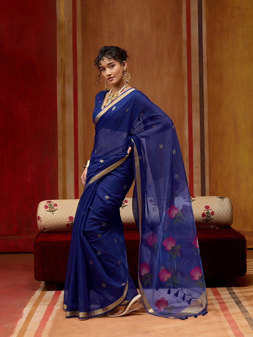 Monjolika Fashion Navy Blue Handloom Cotton Blend Weaving Classic Saree - Distacart