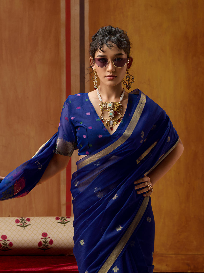 Monjolika Fashion Navy Blue Handloom Cotton Blend Weaving Classic Saree - Distacart