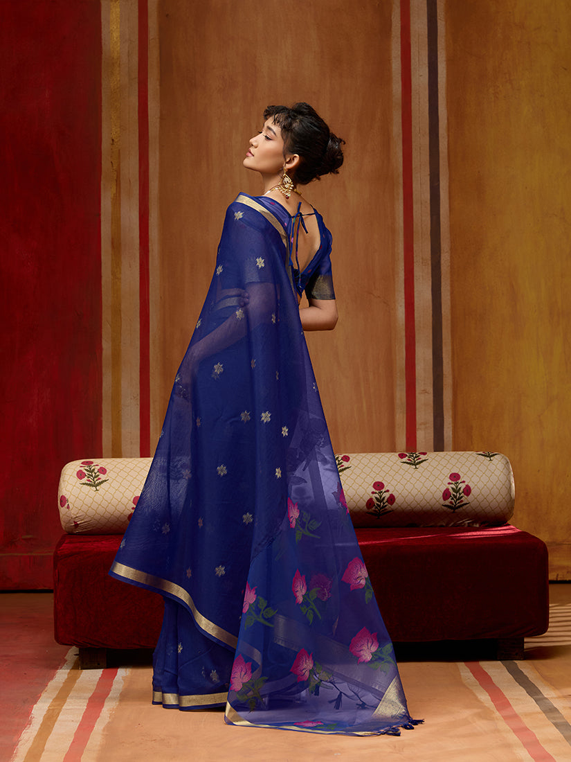 Monjolika Fashion Navy Blue Handloom Cotton Blend Weaving Classic Saree - Distacart