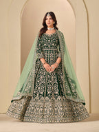 Monjolika Fashion Velvet Embroidered Dark Green Engagement Wear Anarkali Suit - Distacart