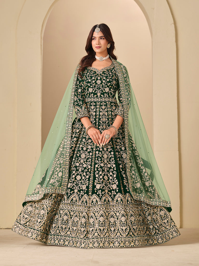 Monjolika Fashion Velvet Embroidered Dark Green Engagement Wear Anarkali Suit - Distacart