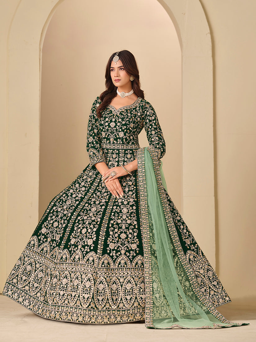 Monjolika Fashion Velvet Embroidered Dark Green Engagement Wear Anarkali Suit - Distacart