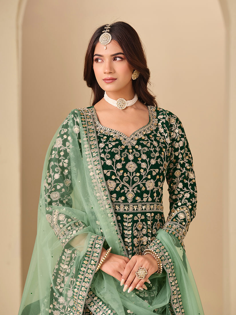 Monjolika Fashion Velvet Embroidered Dark Green Engagement Wear Anarkali Suit - Distacart