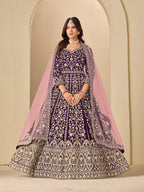 Monjolika Fashion Velvet Embroidered Purple Engagement Wear Anarkali Suit - Distacart