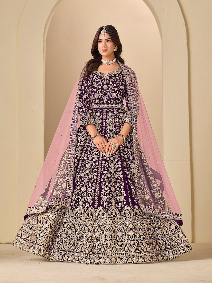 Monjolika Fashion Velvet Embroidered Purple Engagement Wear Anarkali Suit - Distacart