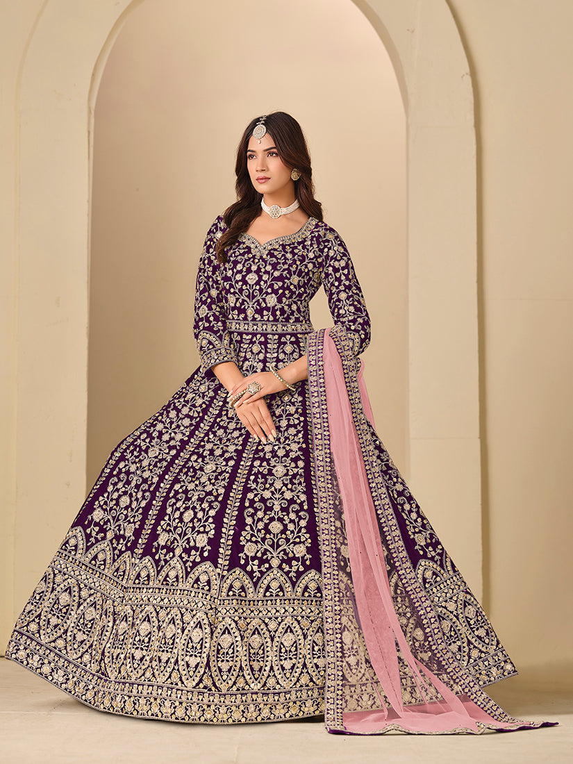 Monjolika Fashion Velvet Embroidered Purple Engagement Wear Anarkali Suit - Distacart