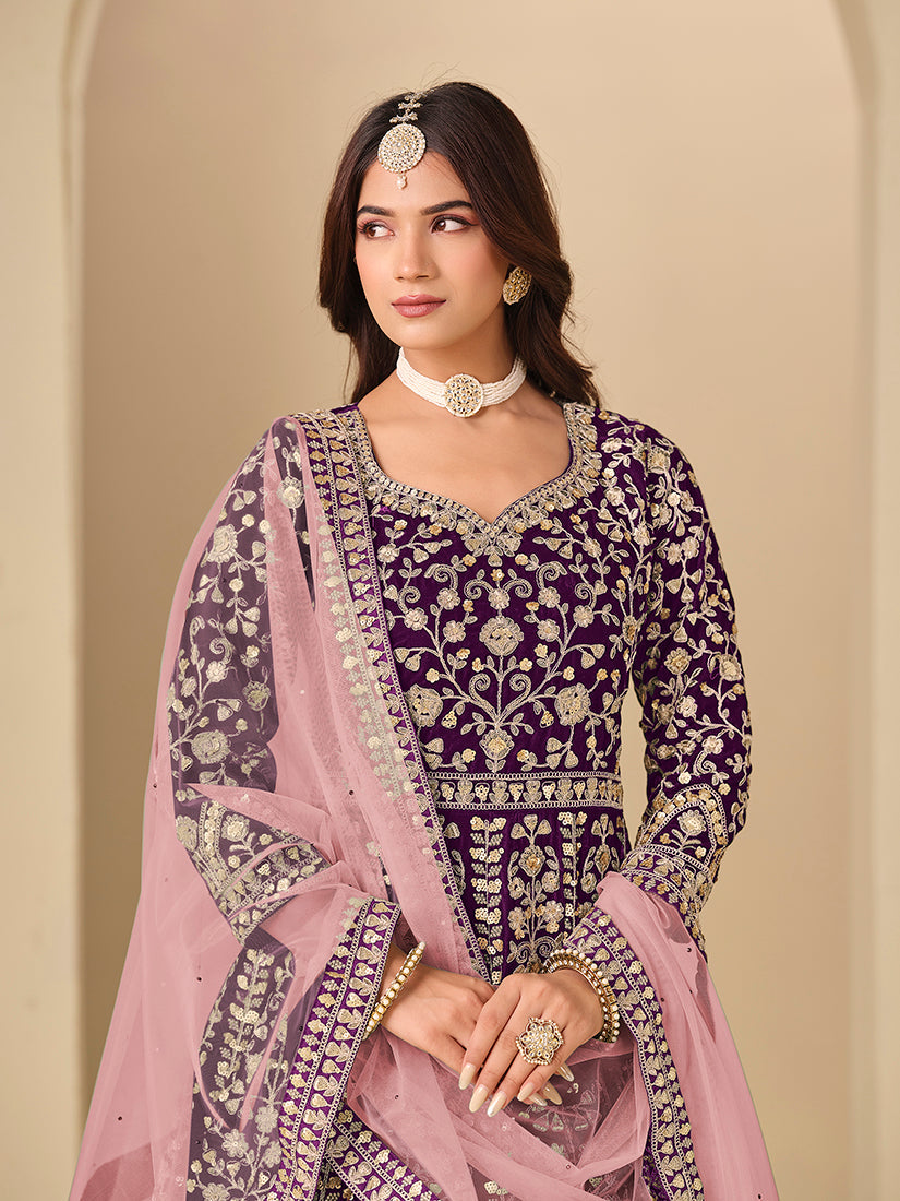 Monjolika Fashion Velvet Embroidered Purple Engagement Wear Anarkali Suit - Distacart