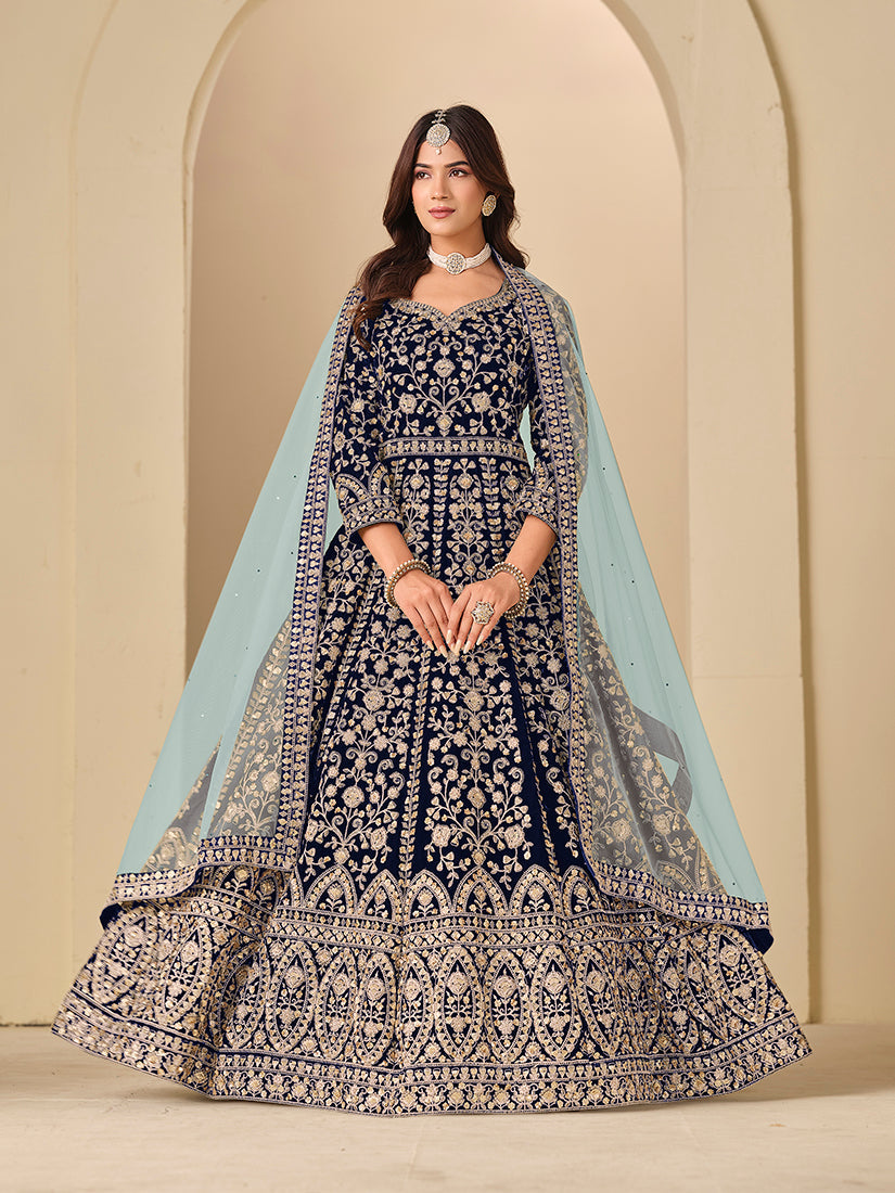 Monjolika Fashion Velvet Embroidered Navy Blue Engagement Wear Anarkali Suit
