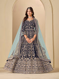 Monjolika Fashion Velvet Embroidered Navy Blue Engagement Wear Anarkali Suit