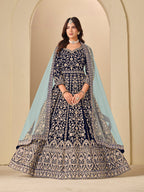 Monjolika Fashion Velvet Embroidered Navy Blue Engagement Wear Anarkali Suit