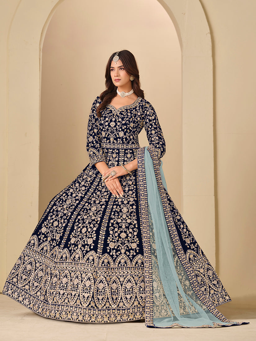 Monjolika Fashion Velvet Embroidered Navy Blue Engagement Wear Anarkali Suit