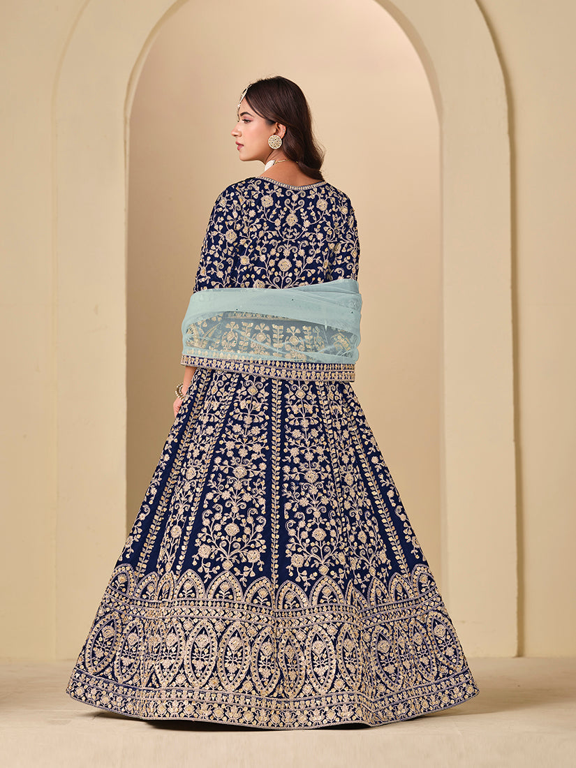 Monjolika Fashion Velvet Embroidered Navy Blue Engagement Wear Anarkali Suit
