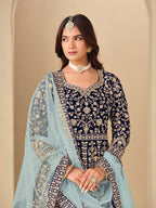 Monjolika Fashion Velvet Embroidered Navy Blue Engagement Wear Anarkali Suit