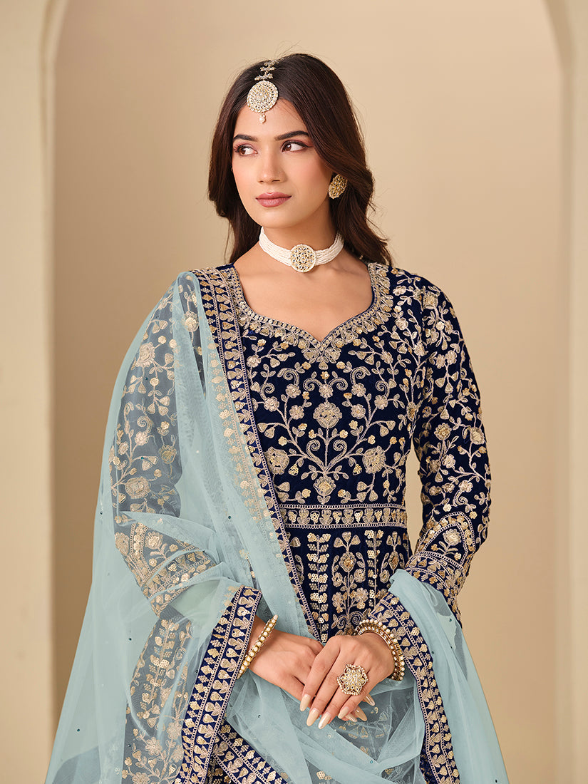 Monjolika Fashion Velvet Embroidered Navy Blue Engagement Wear Anarkali Suit