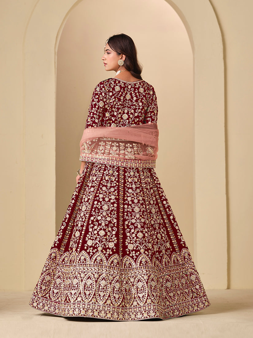 Monjolika Fashion Velvet Embroidered Maroon Engagement Wear Anarkali Suit - Distacart