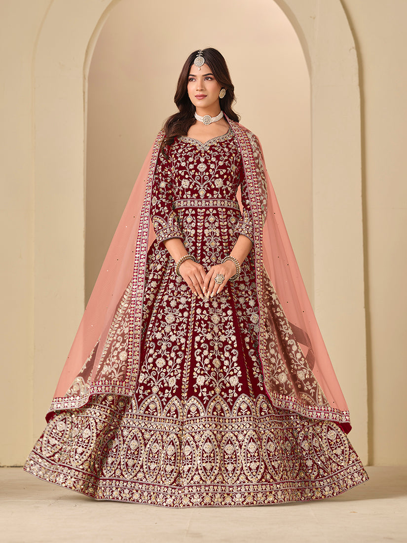 Monjolika Fashion Velvet Embroidered Maroon Engagement Wear Anarkali Suit - Distacart