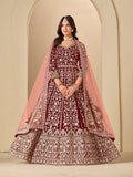 Monjolika Fashion Velvet Embroidered Maroon Engagement Wear Anarkali Suit - Distacart