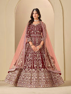 Monjolika Fashion Velvet Embroidered Maroon Engagement Wear Anarkali Suit - Distacart