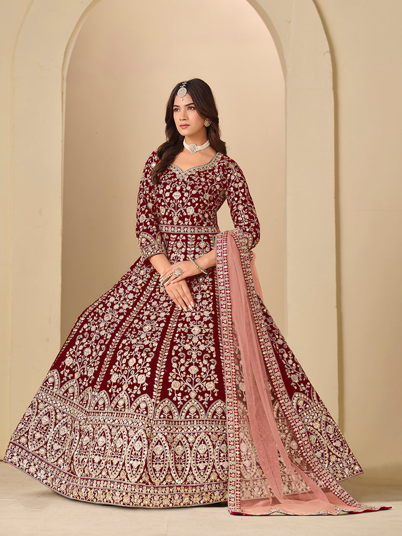 Monjolika Fashion Velvet Embroidered Maroon Engagement Wear Anarkali Suit - Distacart
