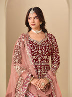 Monjolika Fashion Velvet Embroidered Maroon Engagement Wear Anarkali Suit - Distacart