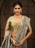 Monjolika Fashion Grey Silk Blend Saree With Embroidered Jari And Cut-Dana Work - Distacart