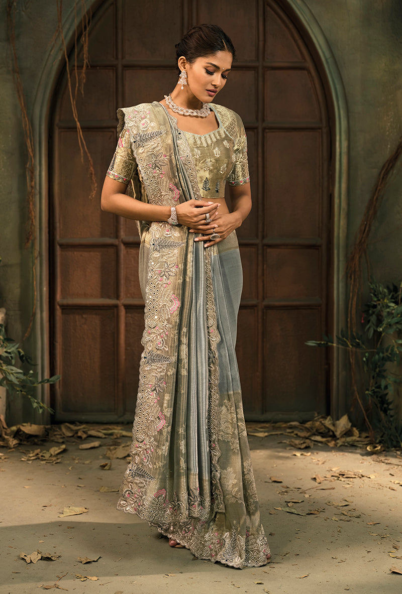 Monjolika Fashion Grey Silk Blend Saree With Embroidered Jari And Cut-Dana Work - Distacart