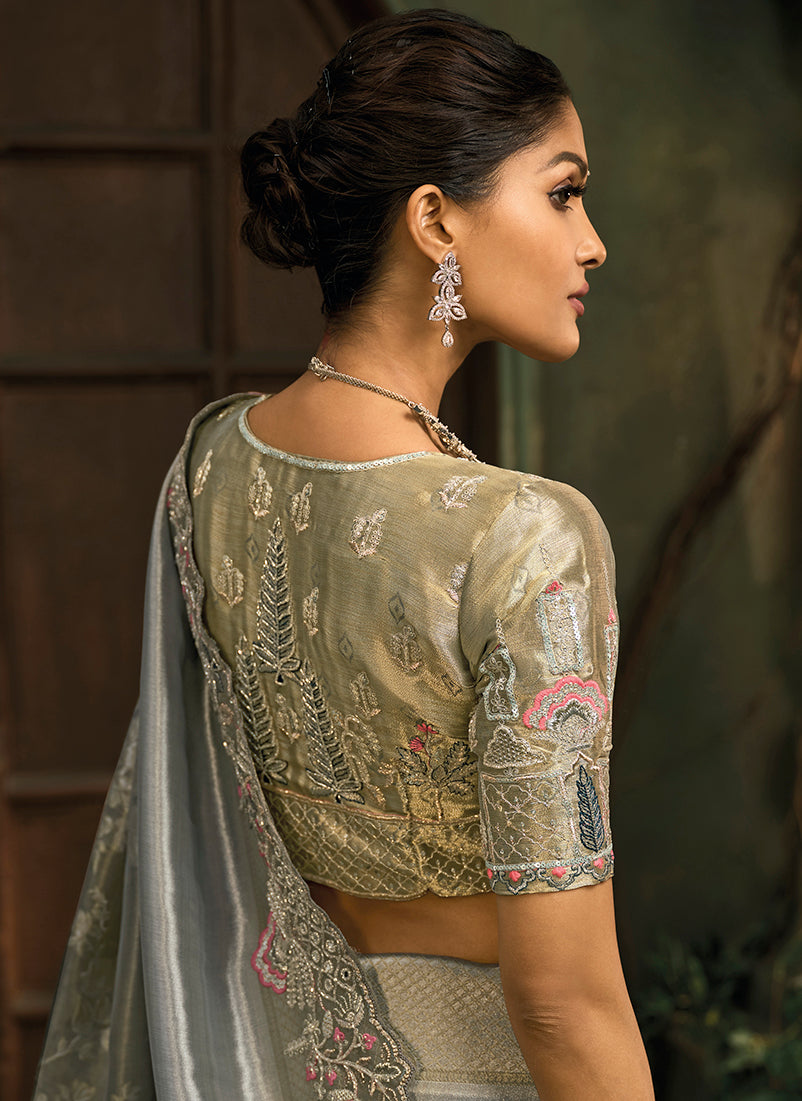 Monjolika Fashion Grey Silk Blend Saree With Embroidered Jari And Cut-Dana Work - Distacart