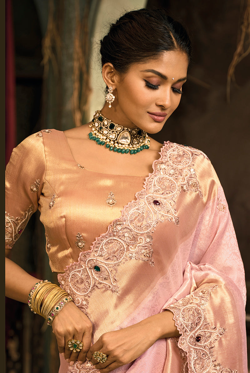 Monjolika Fashion Light Pink Silk Blend Saree With Embroidered Jari And Cut-Dana Work - Distacart
