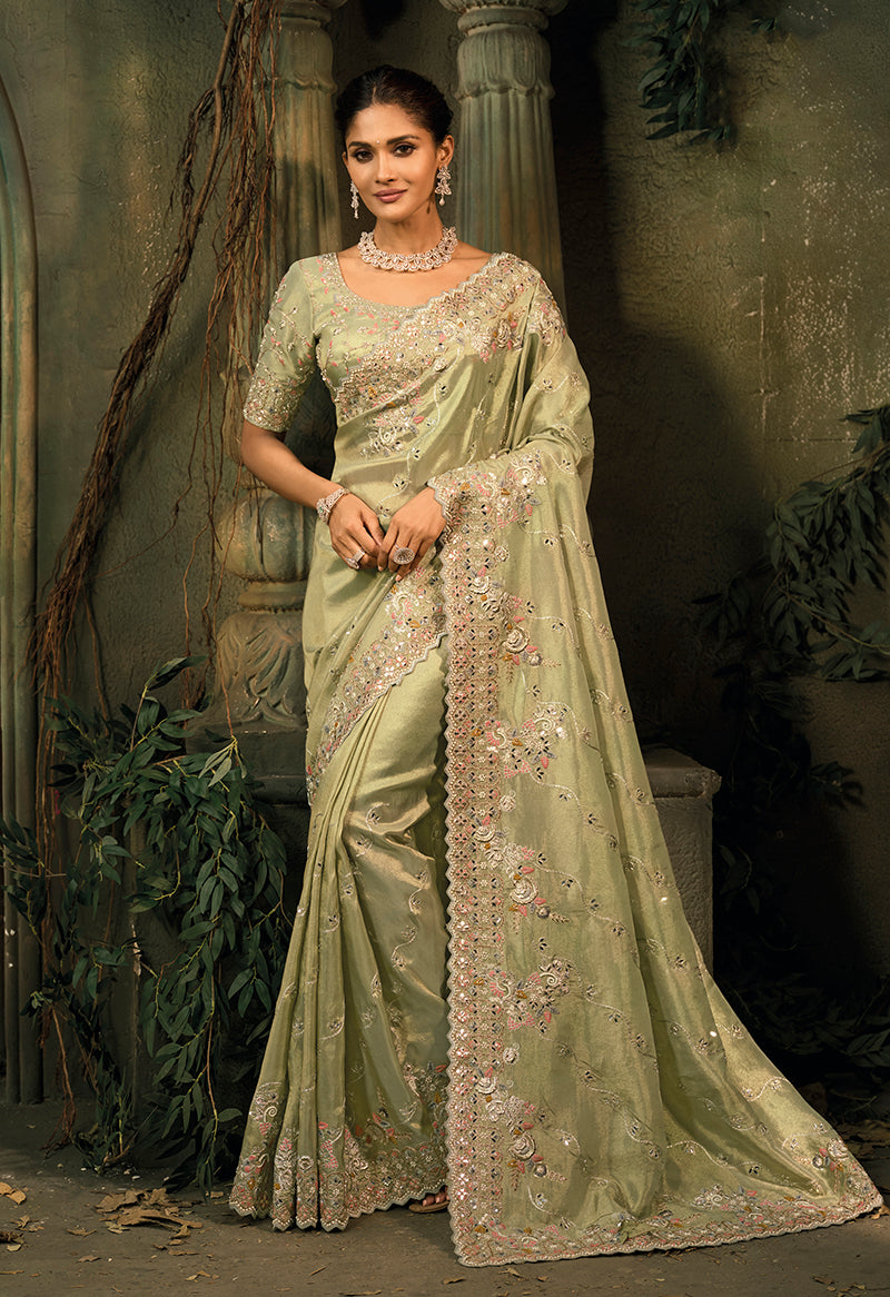 Monjolika Fashion Pista Green Silk Blend Saree With Embroidered Jari And Cut-Dana Work - Distacart