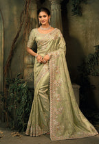 Monjolika Fashion Pista Green Silk Blend Saree With Embroidered Jari And Cut-Dana Work - Distacart