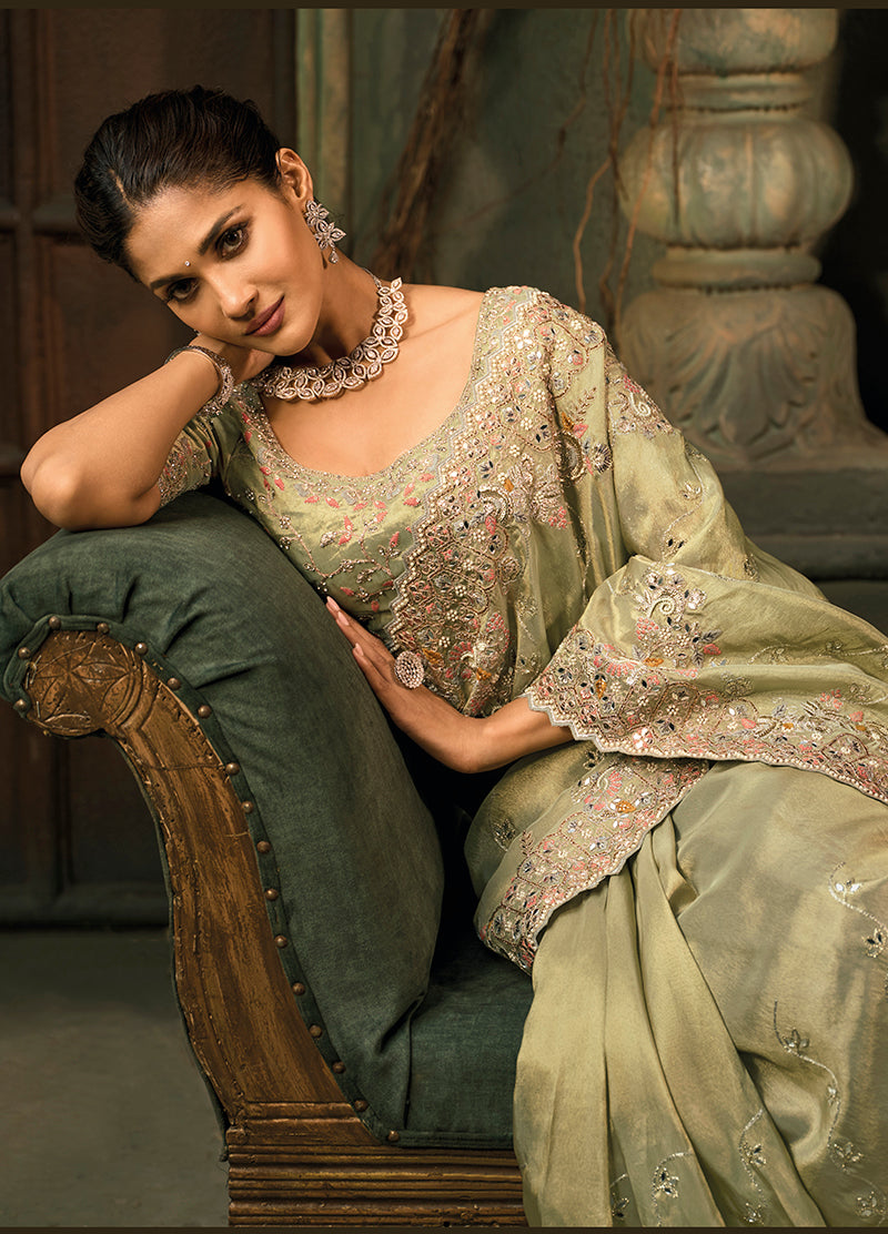 Monjolika Fashion Pista Green Silk Blend Saree With Embroidered Jari And Cut-Dana Work - Distacart