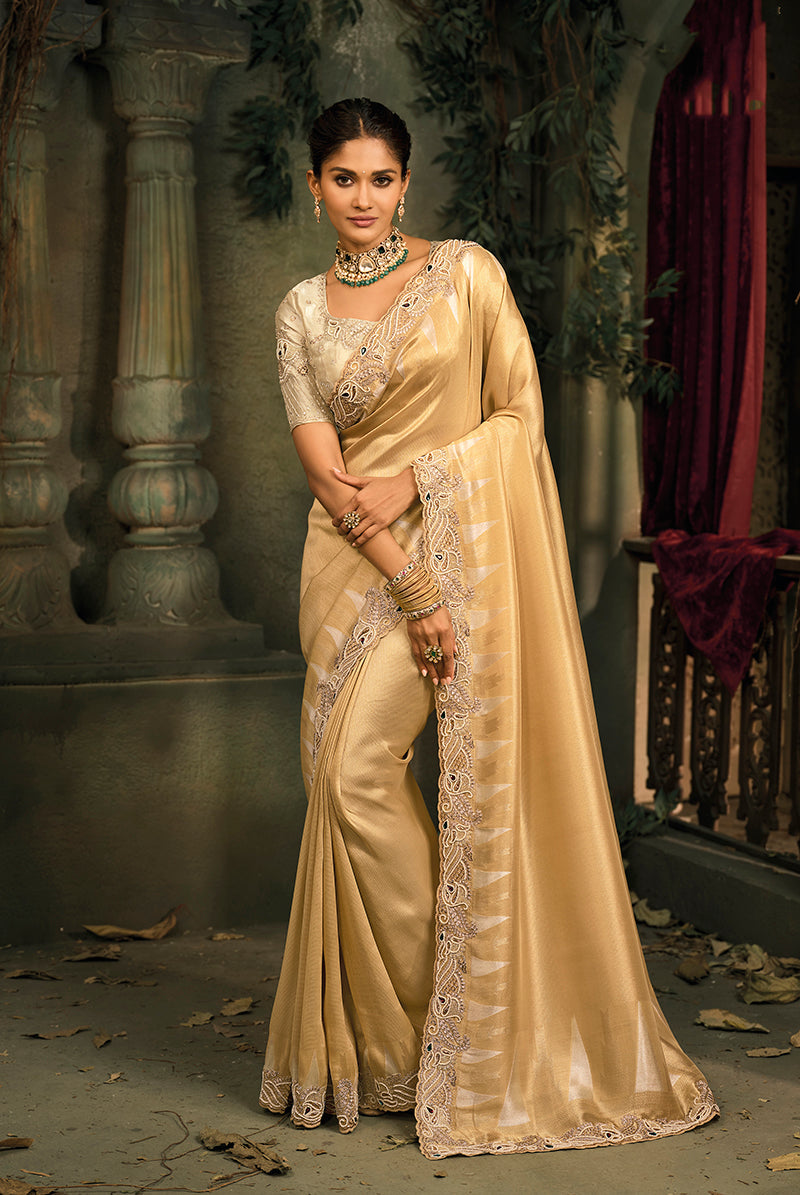 Monjolika Fashion Beige Silk Blend Saree With Embroidered Jari And Cut-Dana Work - Distacart