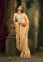 Monjolika Fashion Beige Silk Blend Saree With Embroidered Jari And Cut-Dana Work - Distacart