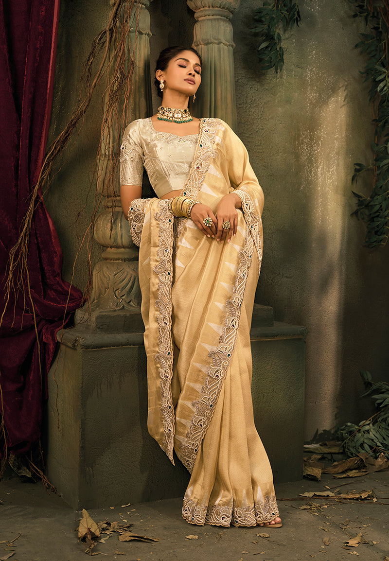 Monjolika Fashion Beige Silk Blend Saree With Embroidered Jari And Cut-Dana Work - Distacart